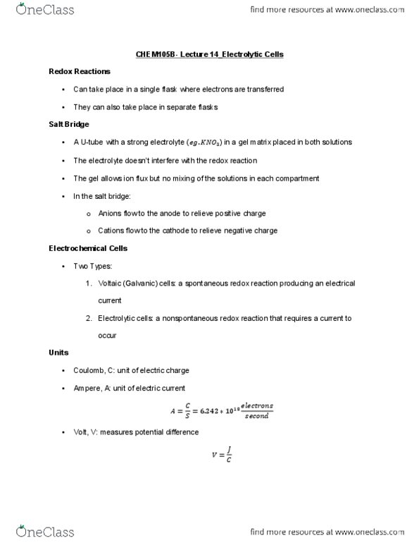 CHEM 105bL Lecture Notes - Lecture 14: Nonmetal, Electrolytic Cell, Electromotive Force thumbnail