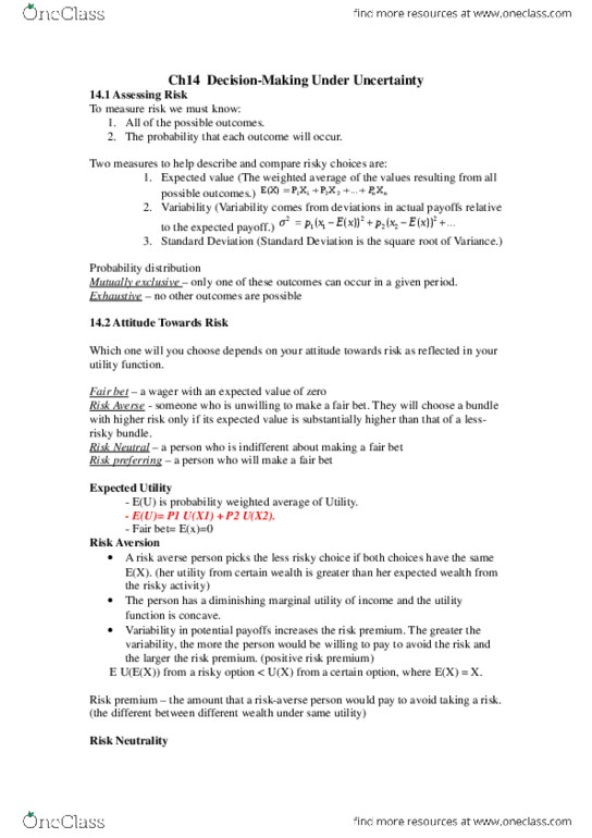 COMM 295 Lecture Notes - Lecture 14: Standard Deviation, Expected Utility Hypothesis, Risk Premium thumbnail