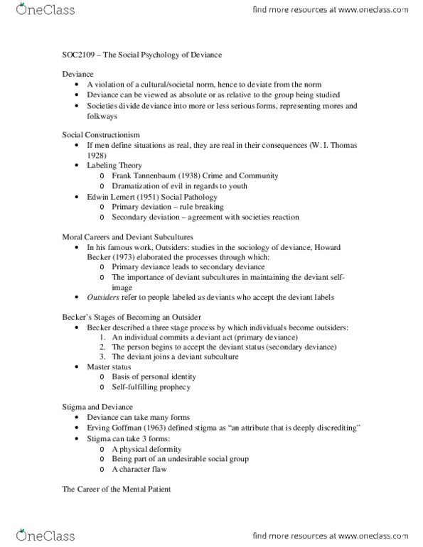 SOC 2109 Lecture Notes - Lecture 16: Differential Association, Harold Garfinkel, Edwin Sutherland thumbnail