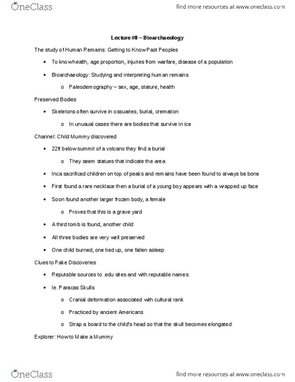 AR102 Lecture Notes - Lecture 8: Chinchorro Mummies, Appendicular Skeleton, Axial Skeleton thumbnail