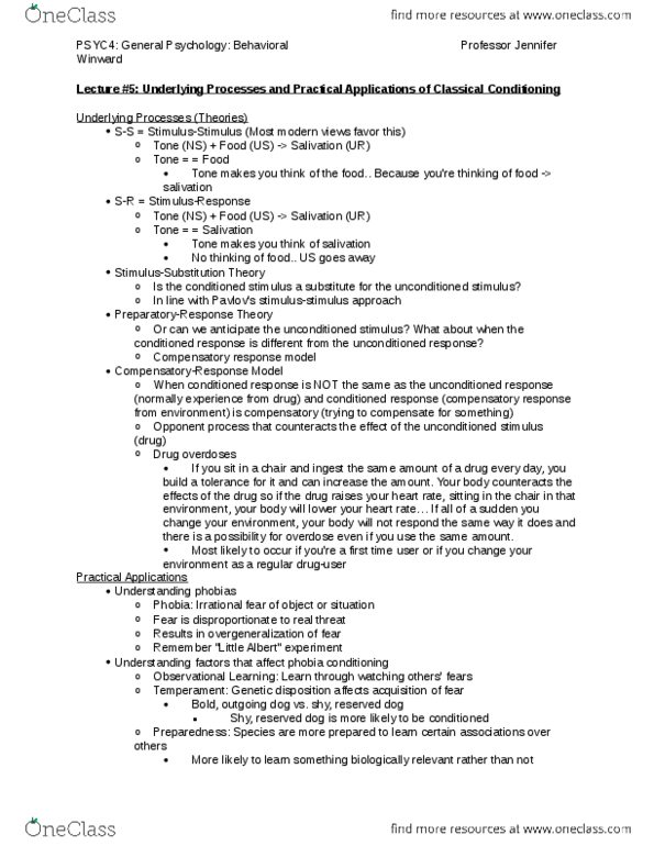 PSYC 4 Lecture Notes - Lecture 5: Systematic Desensitization, Classical Conditioning, Drug Tolerance thumbnail