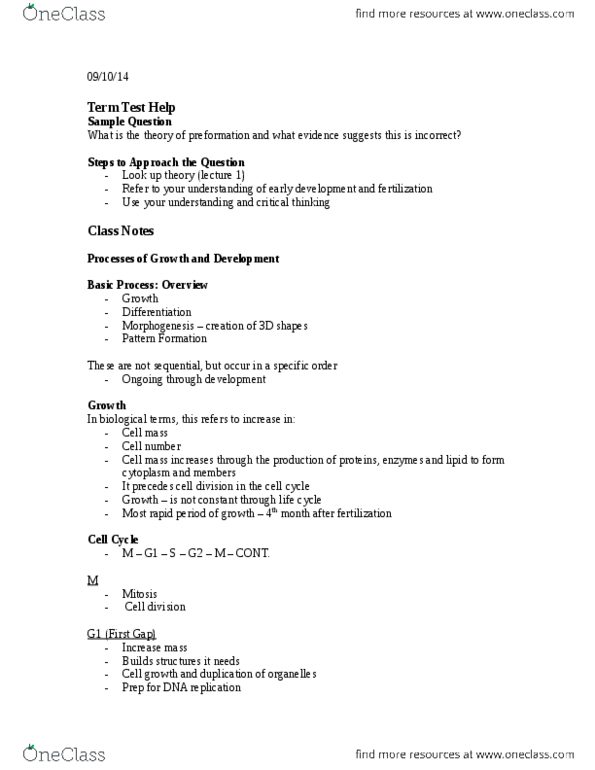 NATS 1675 Lecture Notes - Lecture 10: Cell Cycle, Homeobox, Cell Growth thumbnail