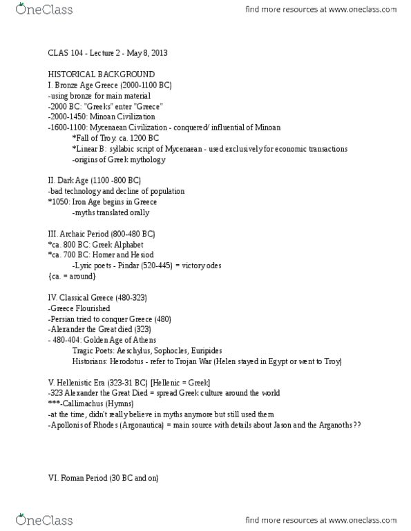 CLAS104 Lecture Notes - Lecture 2: Minoan Civilization, Mycenaean Greece, Epinikion thumbnail