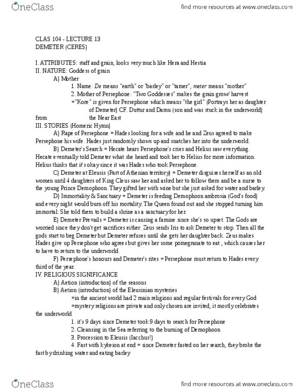 CLAS104 Lecture Notes - Lecture 13: Homeric Hymns, Iacchus, Greco-Roman Mysteries thumbnail