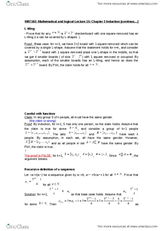 MAT102H5 Lecture Notes - Lecture 15: Recursive Definition, Mathematical Induction thumbnail