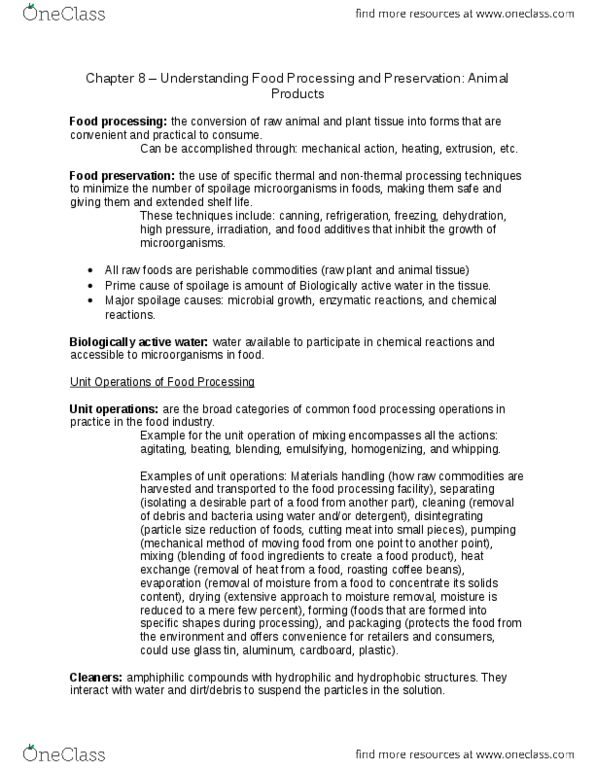 FOOD 2010 Chapter Notes - Chapter 8: Food Preservation, Food Processing, Unit Operation thumbnail