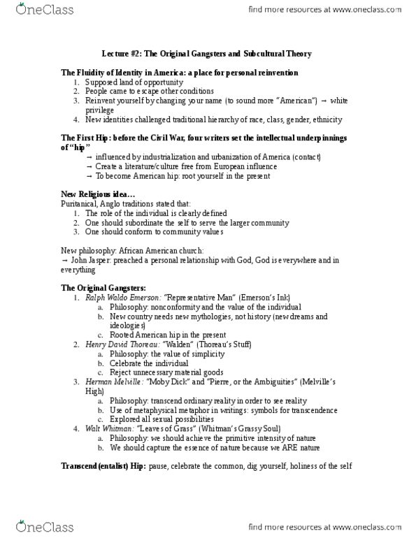 AMCULT 100 Lecture Notes - Lecture 2: Ralph Waldo Emerson, Henry David Thoreau, Herman Melville thumbnail