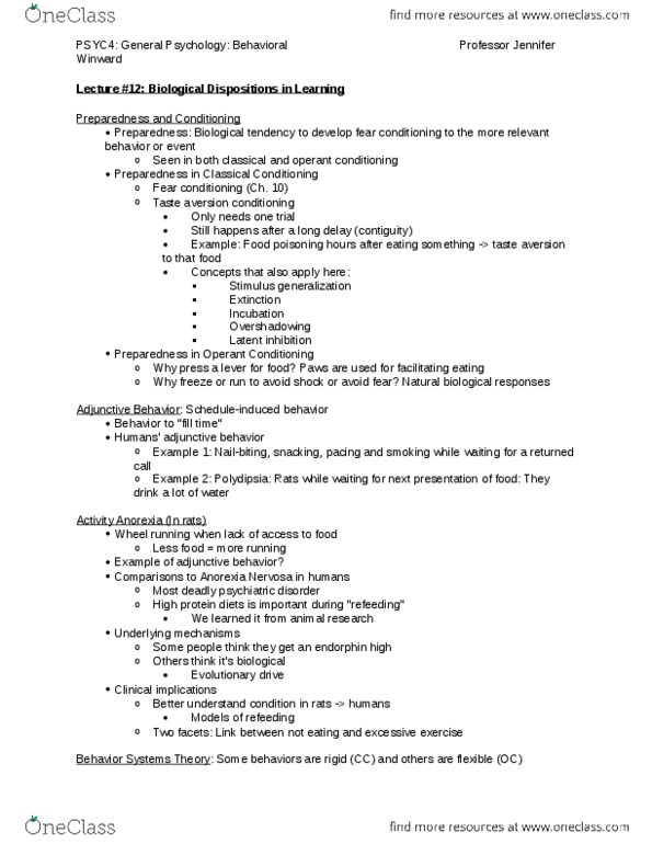 PSYC 4 Lecture Notes - Lecture 12: Conditioned Taste Aversion, Fear Conditioning, Latent Inhibition thumbnail