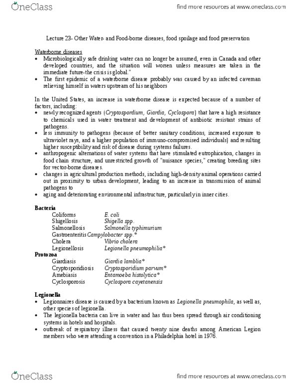 BIOL 2P98 Lecture Notes - Lecture 23: Cryptosporidium Parvum, Campylobacter Jejuni, Cyclospora Cayetanensis thumbnail