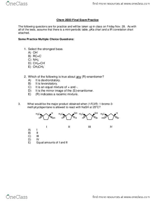 Chem 2e03 Study Guide Final Guide Acid Dissociation Constant Bromine Cyclohexane Conformation