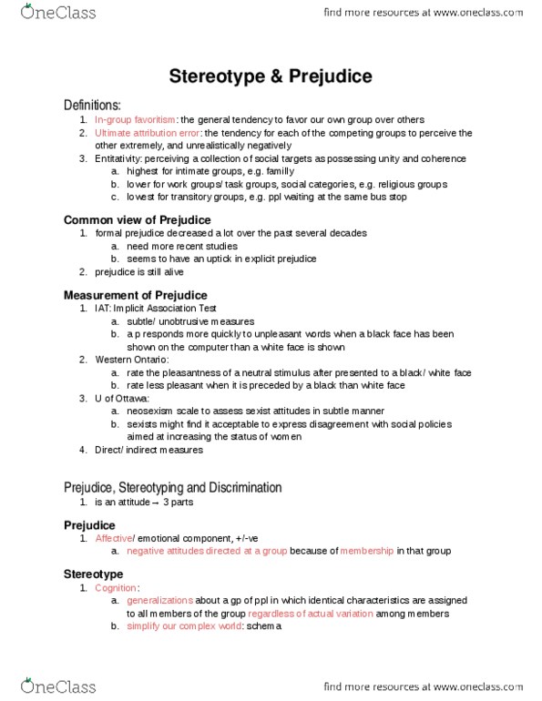 PSYC 260 Lecture Notes - Lecture 10: Ultimate Attribution Error, Implicit-Association Test, In-Group Favoritism thumbnail