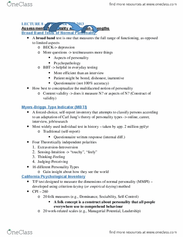PSYC37H3 Lecture Notes - Lecture 8: California Psychological Inventory, 16Pf Questionnaire thumbnail