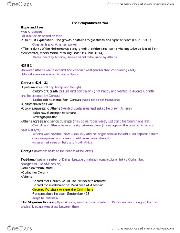 CLASS280 Lecture Notes - Lecture 10: Megarian Decree, Peloponnesian League, Delian League thumbnail