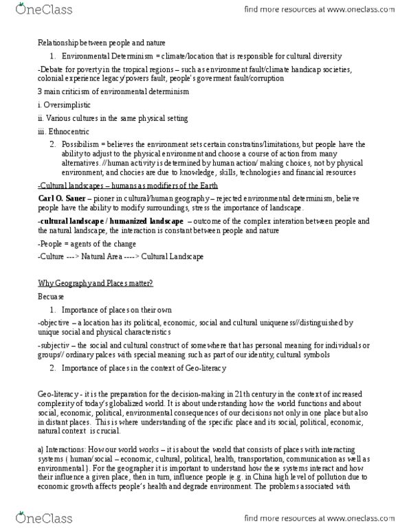 GEOG 100 Lecture Notes - Lecture 1: Environmental Determinism, Cultural Landscape, Determinism thumbnail