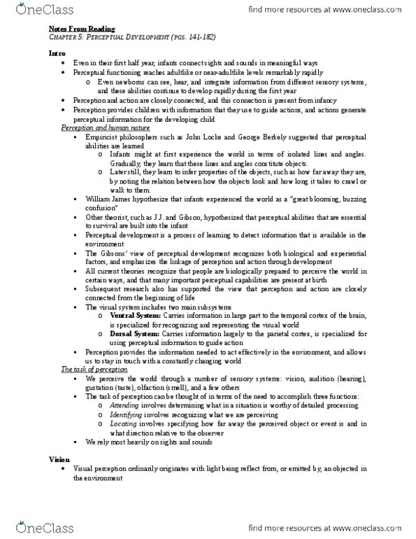 PSY312H5 Chapter 5: Perceptual Development thumbnail