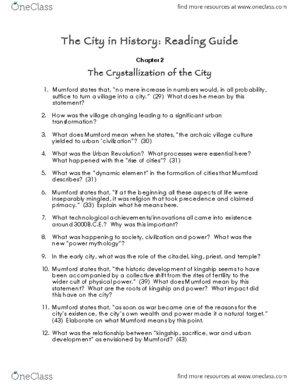 SOSC 2730 Chapter Notes - Chapter 2: Urban Revolution, Crystallization, Lewis Mumford thumbnail