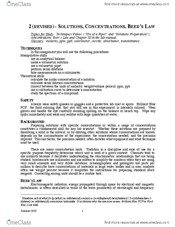 CHEM 14BL Chapter Notes - Chapter 2: Food Coloring, Brilliant Blue Fcf, Serial Dilution thumbnail