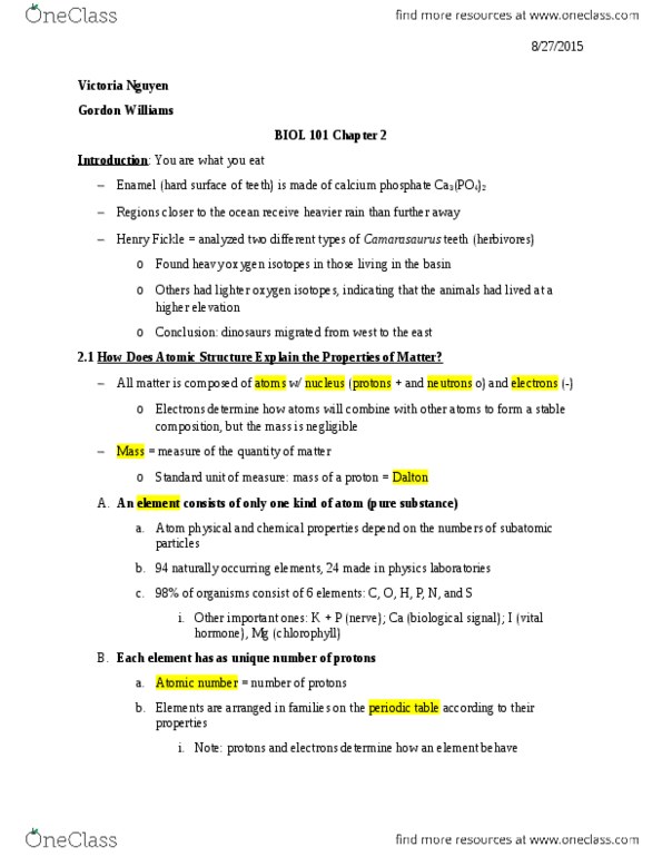 BIOL 101 Chapter Notes - Chapter 2: Covalent Bond, Atomic Number, Mass Number thumbnail