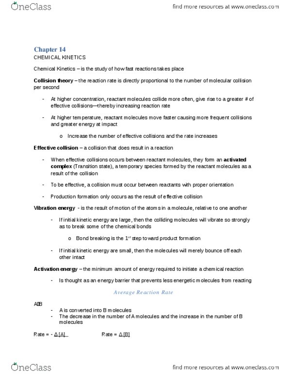 CHEM 1112 Chapter Notes - Chapter 14: Activated Complex, Reaction Rate, Activation Energy thumbnail