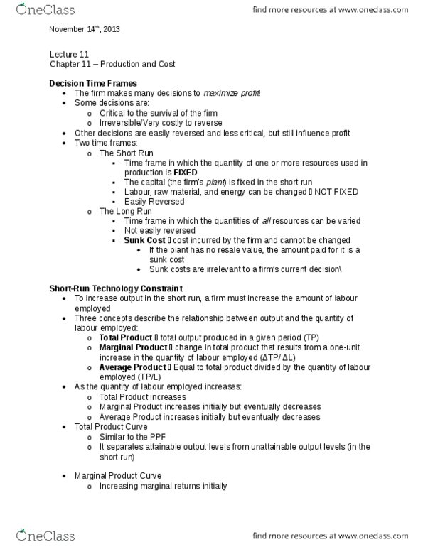 ECON 1000 Lecture Notes - Lecture 11: Sunk Costs, Marginal Cost, Marginal Product thumbnail