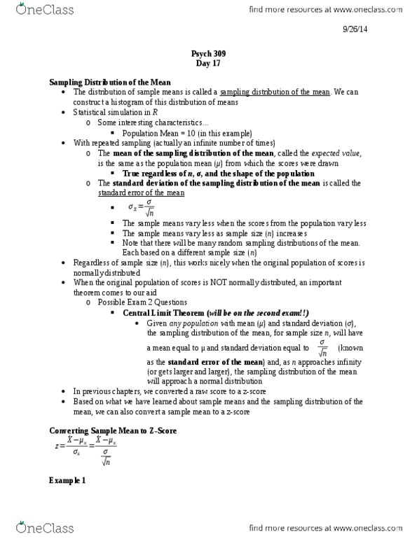 PSYCH 3090 Lecture Notes - Lecture 17: Sampling Distribution, Standard Deviation, Psych thumbnail