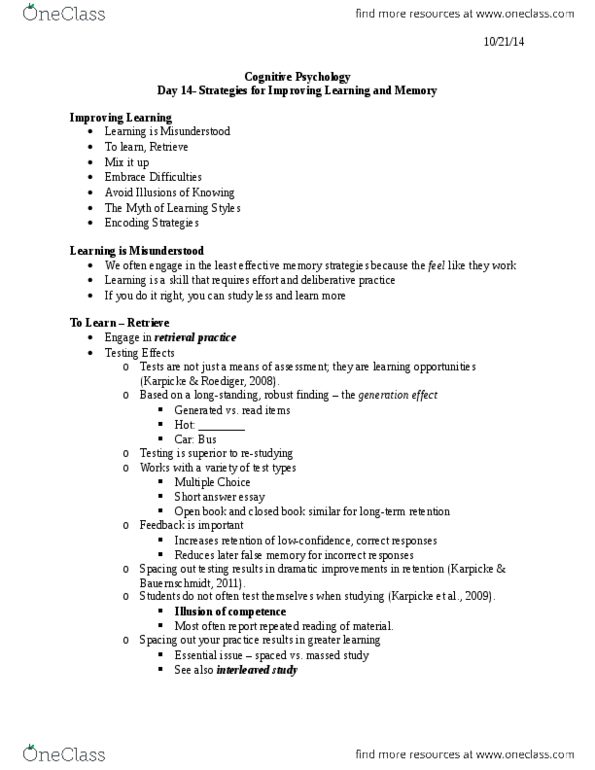 PSYCH 3330 Lecture Notes - Lecture 14: Metacognition, Relate, Multiple Choice thumbnail