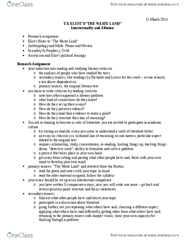 EN 1002 Lecture Notes - Lecture 12: The Waste Land, Intertextuality, F. R. Leavis thumbnail