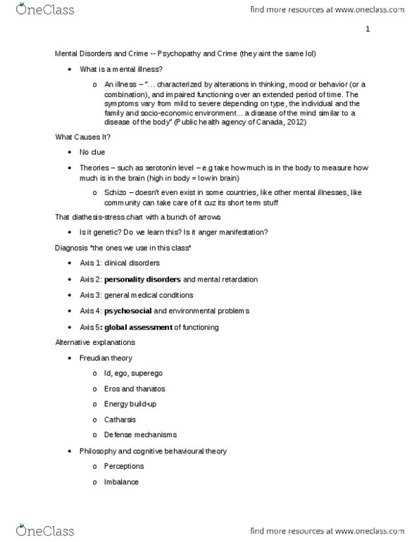 CRIM 103 Lecture Notes - Lecture 8: Mental Disorder, Psychopathy, Personality Disorder thumbnail