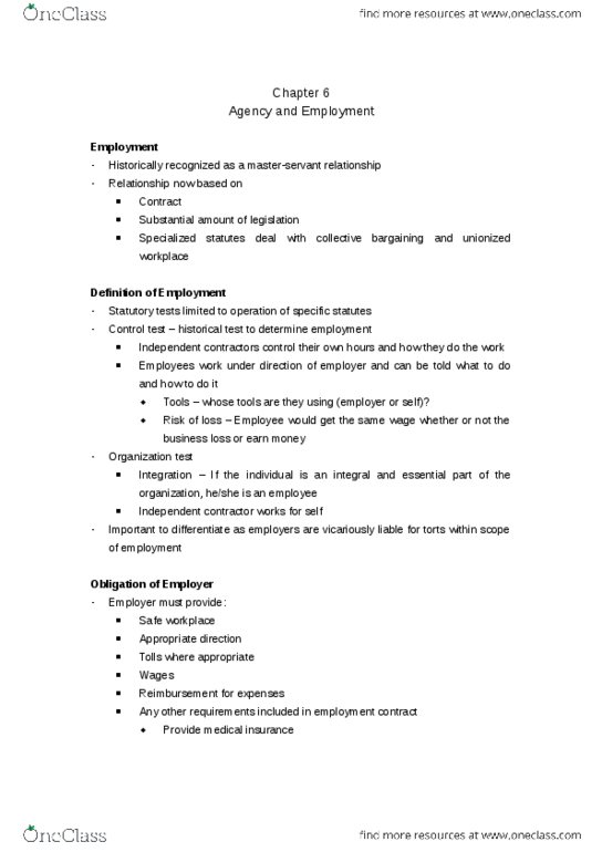 BUS 393 Lecture Notes - Lecture 6: Independent Contractor, Fiduciary, Employment Contract thumbnail