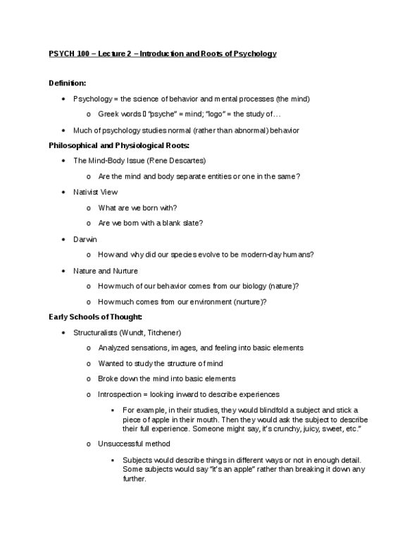 PSYCH 100 Lecture Notes - Lecture 2: Tabula Rasa, Positive Psychology, Behavior Modification thumbnail
