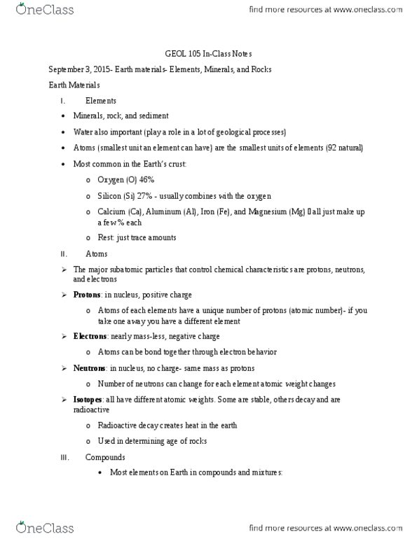 GEOL105 Lecture Notes - Lecture 1: Radioactive Decay, Atomic Number, Magnesium thumbnail