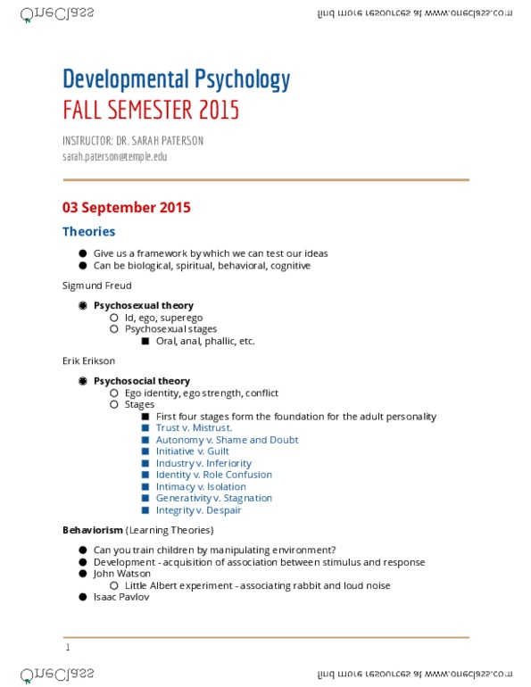 PSY 2301 Lecture Notes - Lecture 2: Little Albert Experiment, Erik Erikson, Prenatal Development thumbnail