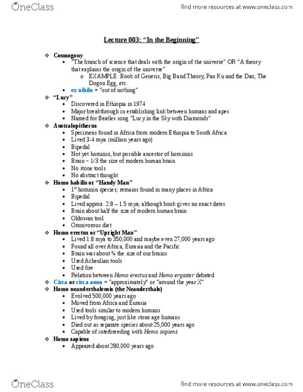 HIST 1010 Lecture Notes - Lecture 3: Ex Nihilo, Oldowan, Australopithecus thumbnail