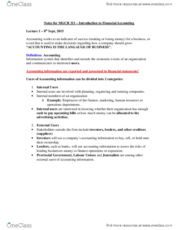 MGCR 211 Lecture Notes - Lecture 1: Financial Statement, Information System, Limited Liability thumbnail