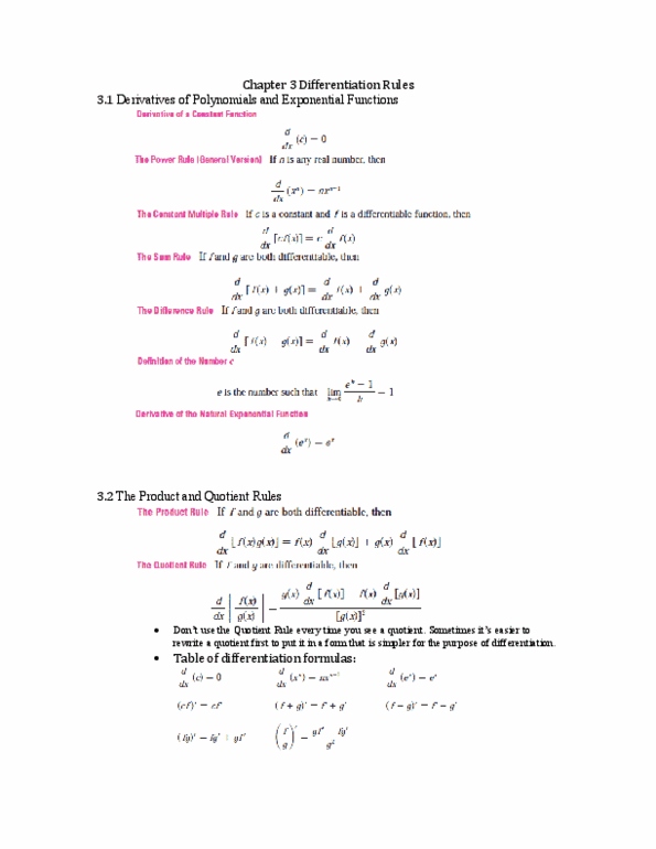 MATH100 Chapter Notes - Chapter 3: Quotient Rule, Product Rule, Hyperbolic Function thumbnail