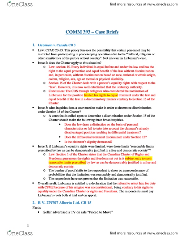 COMM 393 Midterm: Case Briefs - OneClass