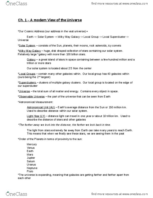 ASTR 120 Chapter Notes - Chapter 1: Milky Way, Virgo Supercluster, Supercluster thumbnail