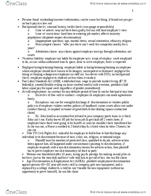 LGLS 1101 Lecture Notes - Lecture 1: Fair Labor Standards Act, Arbitration Clause, Civil Rights Act Of 1964 thumbnail