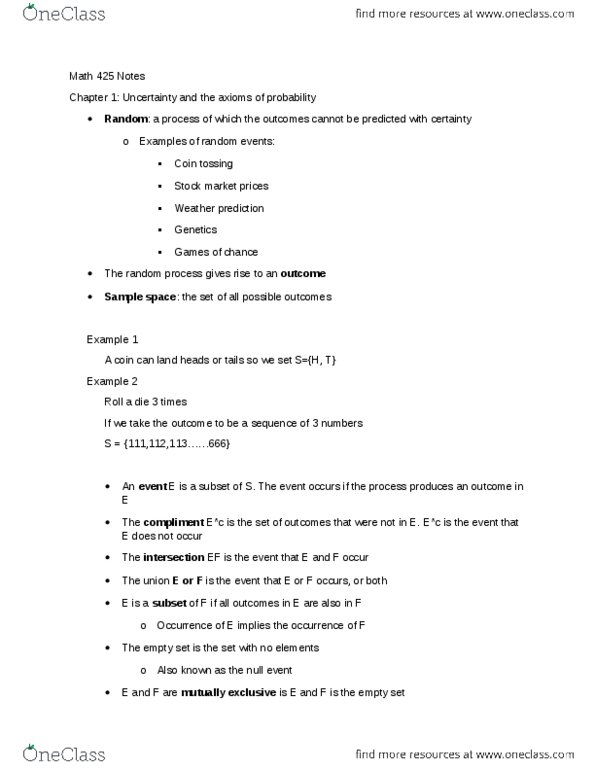 STATS 425 Lecture Notes - Lecture 3: Sample Space, Coin Flipping, Empty Set thumbnail