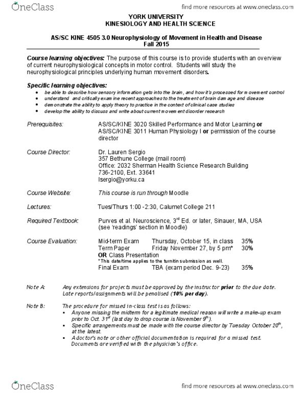 KINE 4505 Lecture Notes - Lecture 1: Bethune College, Movement Disorder, Moodle thumbnail