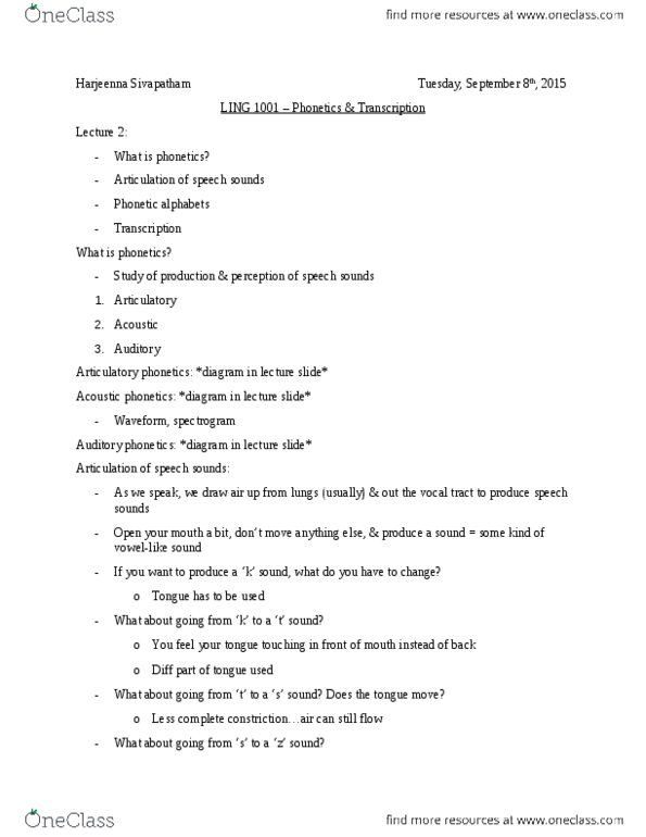 LING 1001 Lecture Notes - Lecture 2: Acoustic Phonetics, Phonetics, Diphthong thumbnail