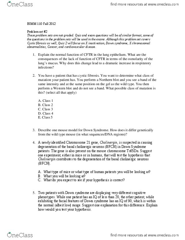 BIMM 110 Lecture Notes - Lecture 2: Cystic Fibrosis, Northern Blot, Down Syndrome thumbnail