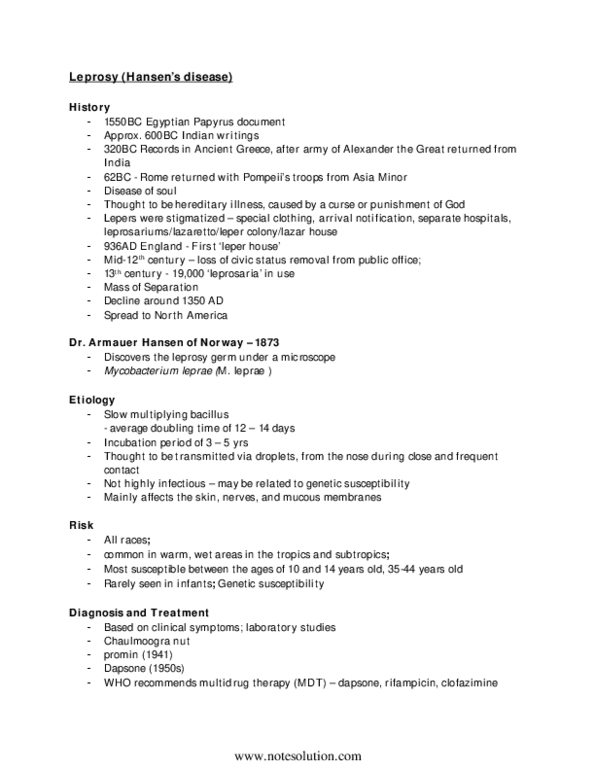 HLTB21H3 Final Exam Study Guide Leprosy, Tuberculosis, Syphilis