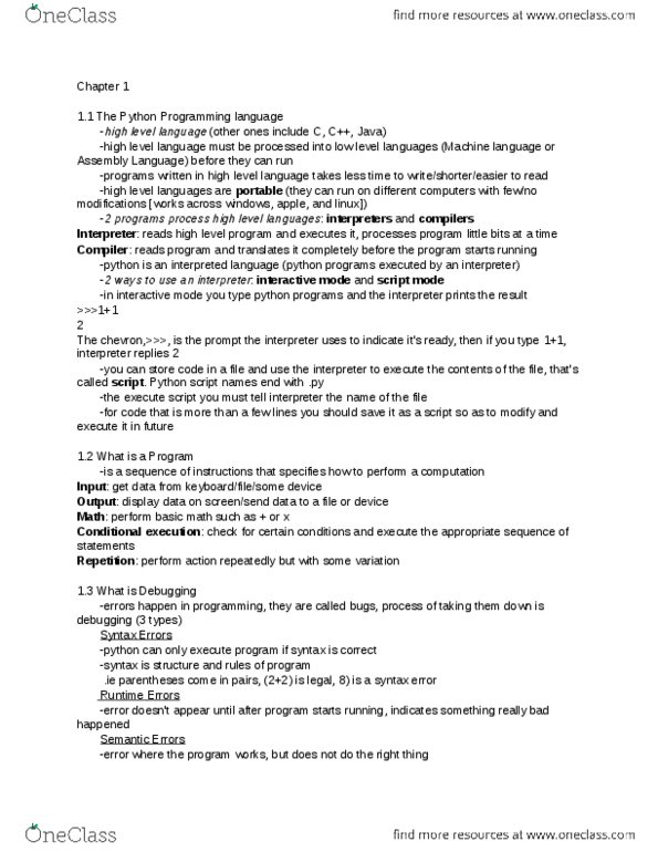 CMPT 120 Chapter Notes - Chapter 1: High-Level Programming Language, Interpreted Language, Machine Code thumbnail