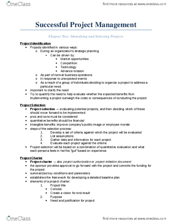 OPER 3P92 Chapter Notes - Chapter 2: Project Manager, Project Charter thumbnail