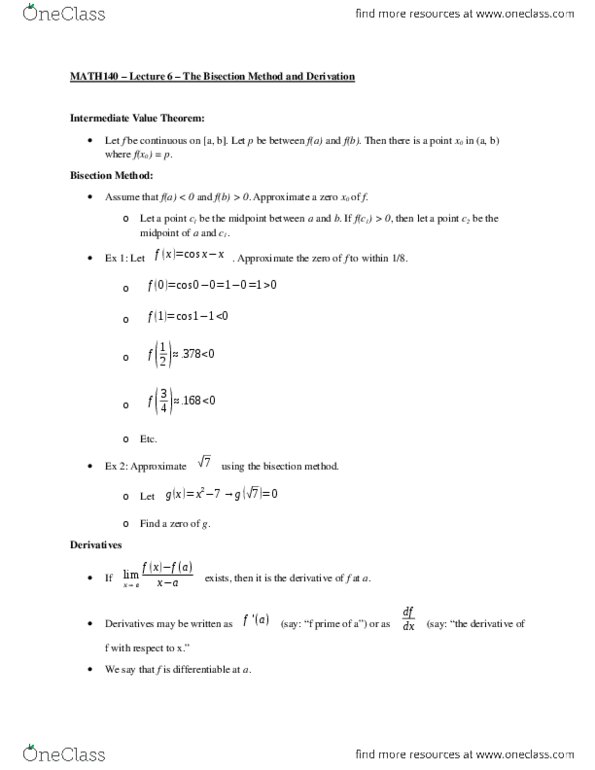 MATH 140 Lecture 6: Bisection Method and Derivatives thumbnail