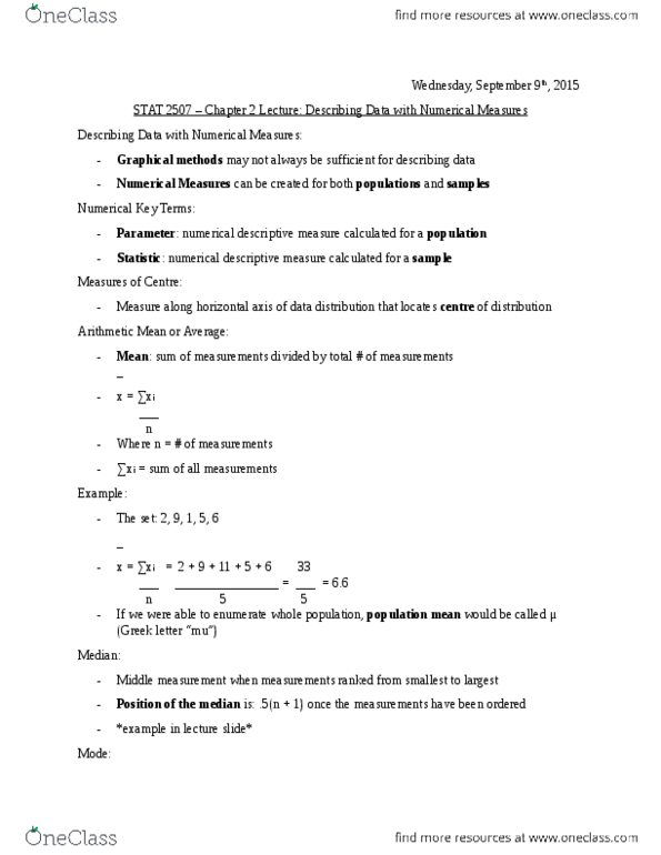 STAT 2507 Lecture Notes - Lecture 3: Standard Deviation, Squared Deviations From The Mean, Botany thumbnail