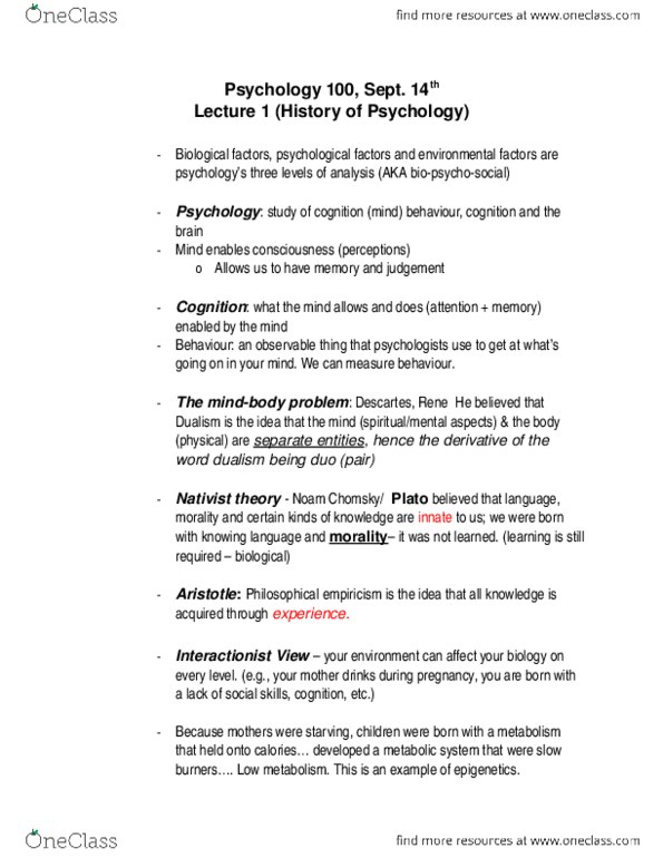 PSYC 100 Lecture Notes - Lecture 1: Biopsychosocial Model, Epigenetics, Behaviorism thumbnail