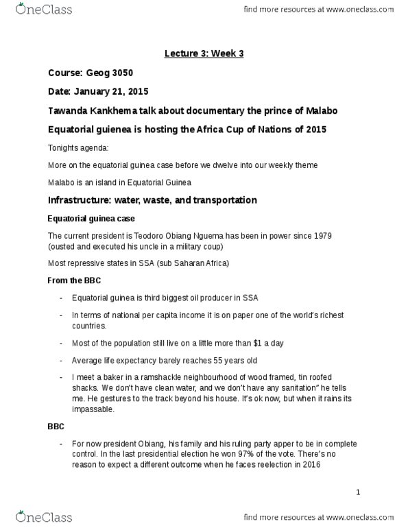 GEOG 3050 Lecture Notes - Lecture 3: Equatorial Guinea, Sub-Saharan Africa, Improved Sanitation thumbnail