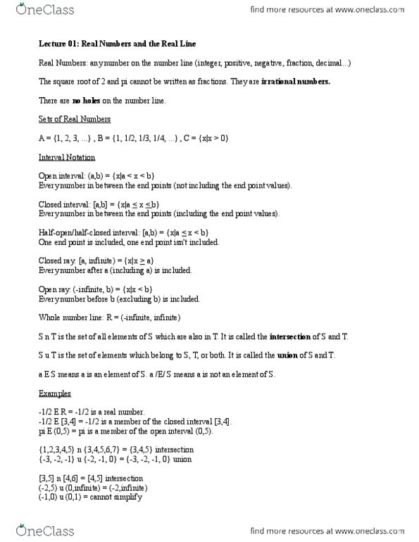 MAT134Y5 Lecture Notes - Lecture 1: Real Number, Square Root, Solution Set thumbnail